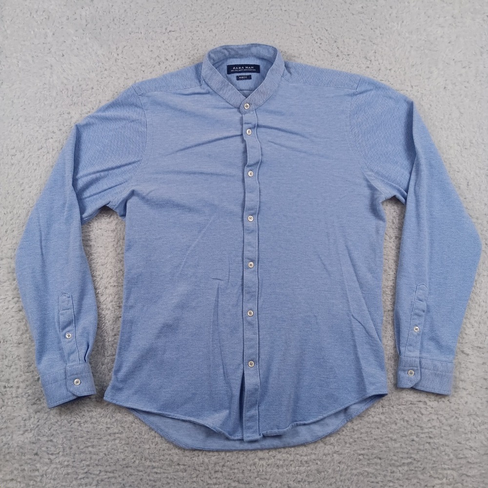 Zara Man Button Down Shirt Slim Fit Men L Light Blue Grandad Collar Pique Knit